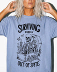 Surviving Purely Out Of Spite Comfort Colors Shirt, Funny Skeleton Coffin Tee, Sarcastic Dark Humor T-Shirt, Gothic Floral Skeleton Shirt,