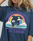 Funny ADHD Orca Comfort Colors Graphic Tee, Current Side Quest Shirt, Rainbow Whale Shirt, ADHD Awareness Tee, Neurodivergent Gift