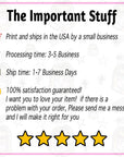 The image is a promotional graphic for a small business that prints and ships items in the USA. It features icons representing print and shipping services, processing time, ship time, and a 100% satisfaction guarantee. The text encourages customers to send a message if there is a problem with their order, and the business will make it right for them.