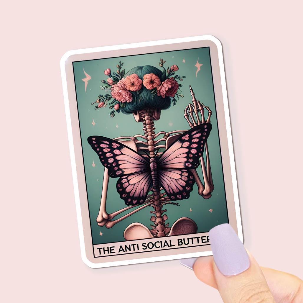 The Anti Social Butterfly - Vinyl Water Resistant Sticker, Laptop Sticker, Phone Sticker, Water Bottle Sticker, Cute Decal