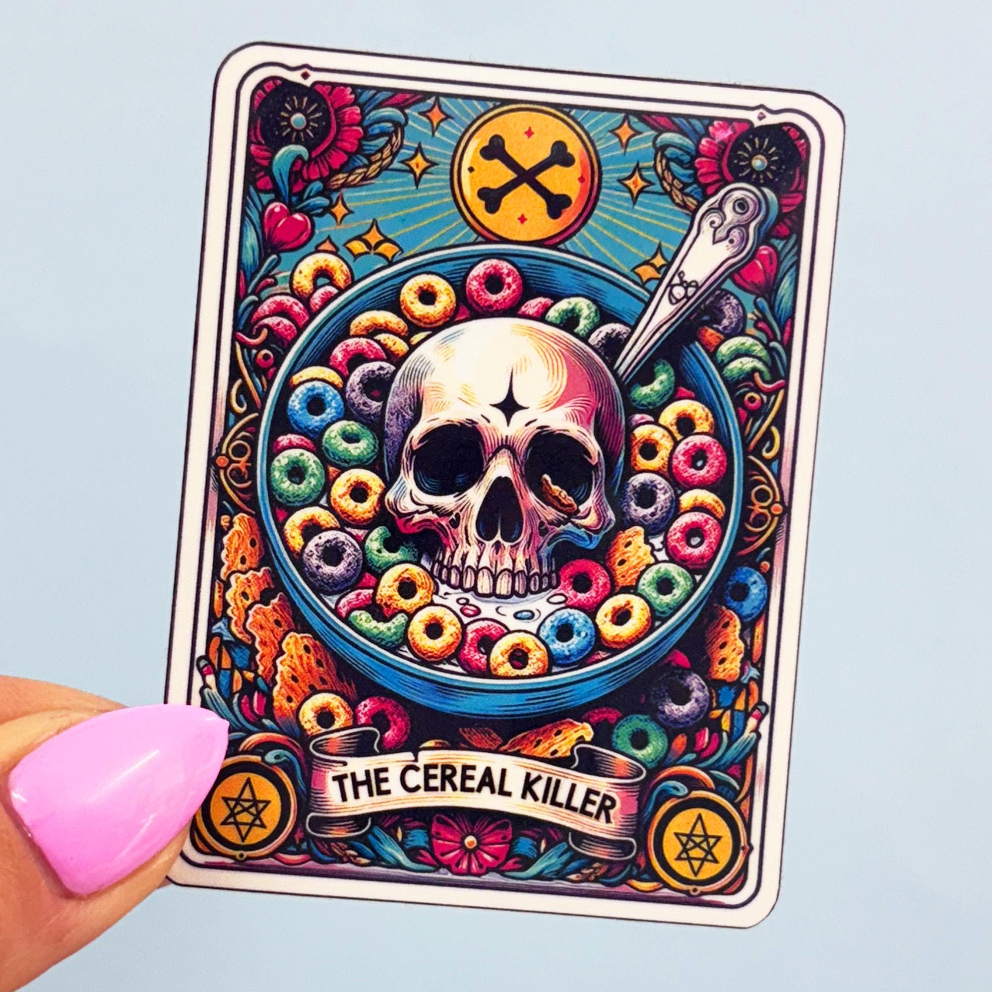 The Cereal Killer Vinyl Tarot Card Sticker - Vinyl Water Resistant Sticker, Laptop Sticker, Phone Sticker, Water Bottle Sticker, Cute Decal