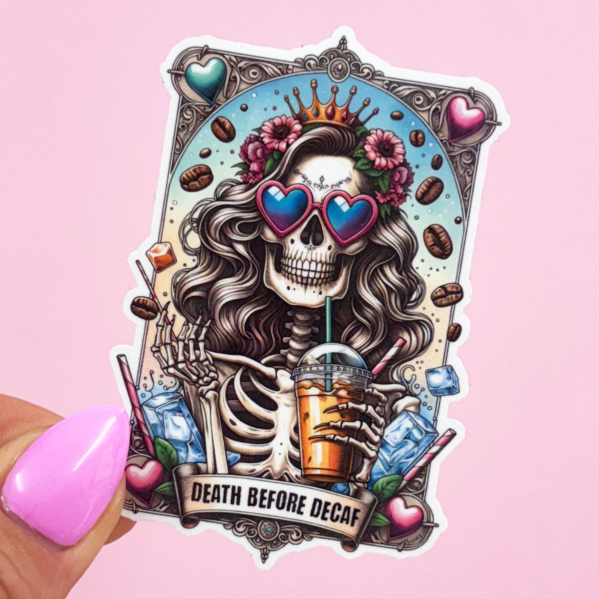 The Death Before Decaf Vinyl Tarot Card Sticker - Vinyl Water Resistant Sticker, Laptop Sticker, Phone Sticker, Water Bottle Sticker