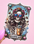 The Death Before Decaf Vinyl Tarot Card Sticker - Vinyl Water Resistant Sticker, Laptop Sticker, Phone Sticker, Water Bottle Sticker