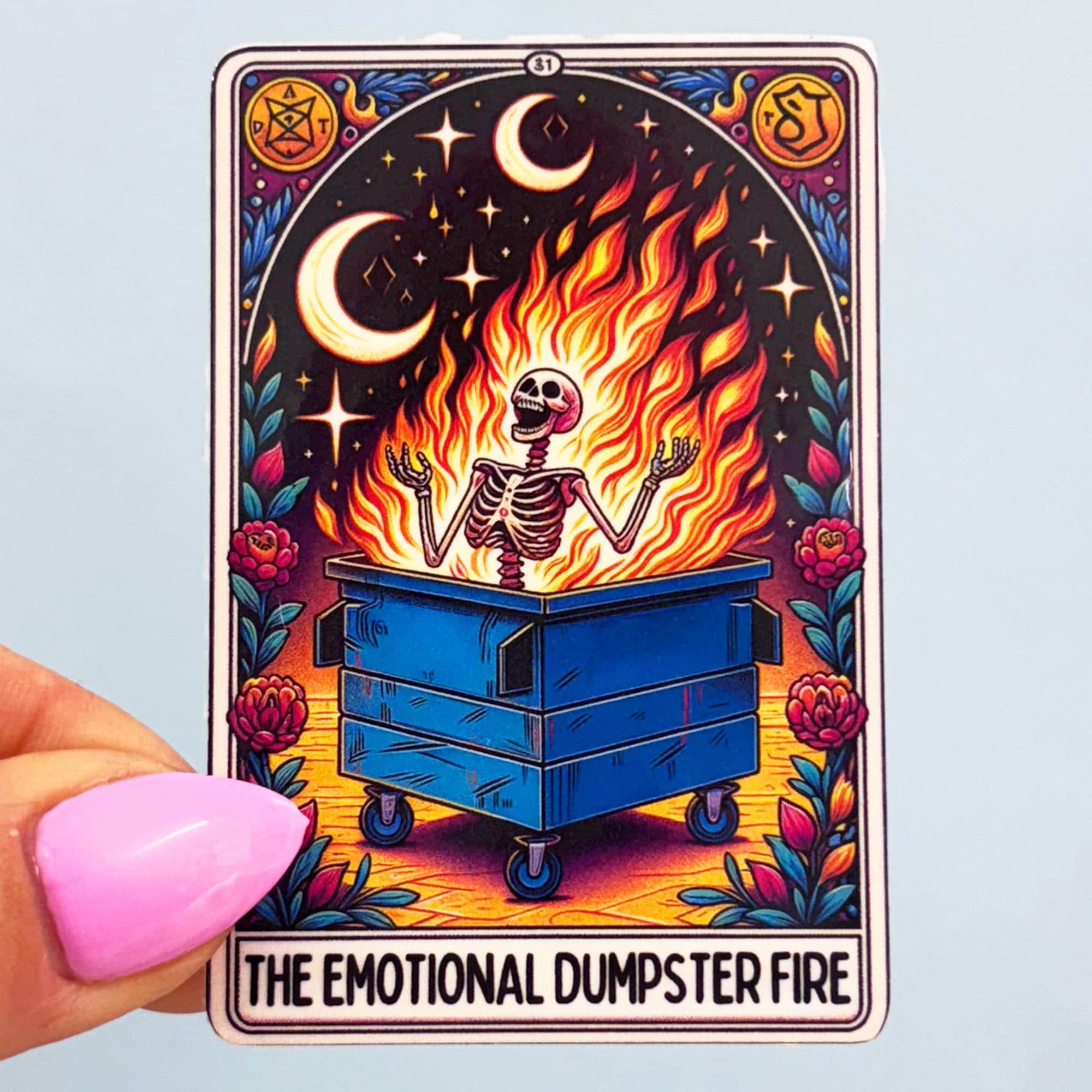 The Dumpster Fire Vinyl Tarot Card Sticker - Vinyl Water Resistant Sticker, Laptop Sticker, Phone Sticker, Water Bottle Sticker, Cute Decal
