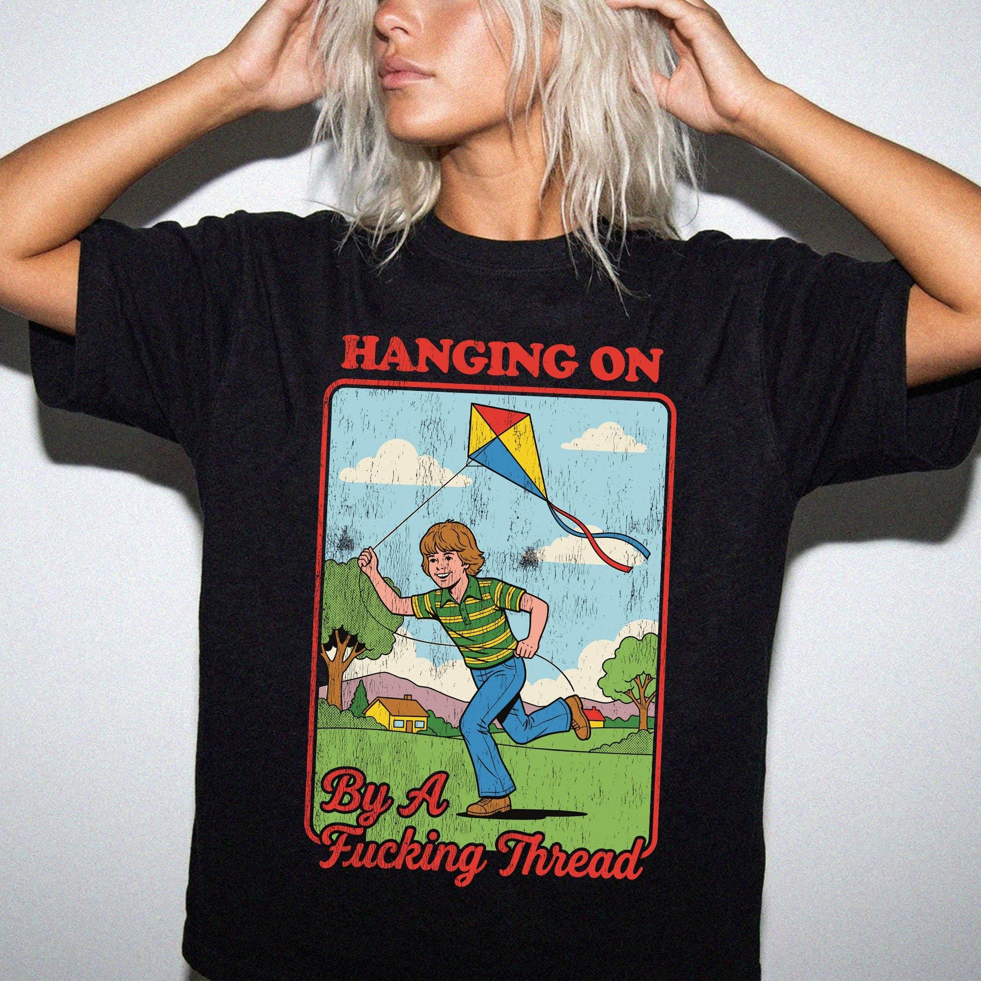 Hanging On By A Fucking Thread Comfort Colors T-Shirt, Funny Sarcastic Tee, Retro Vintage Graphic T-Shirt, Mental Health Humor Shirt,
