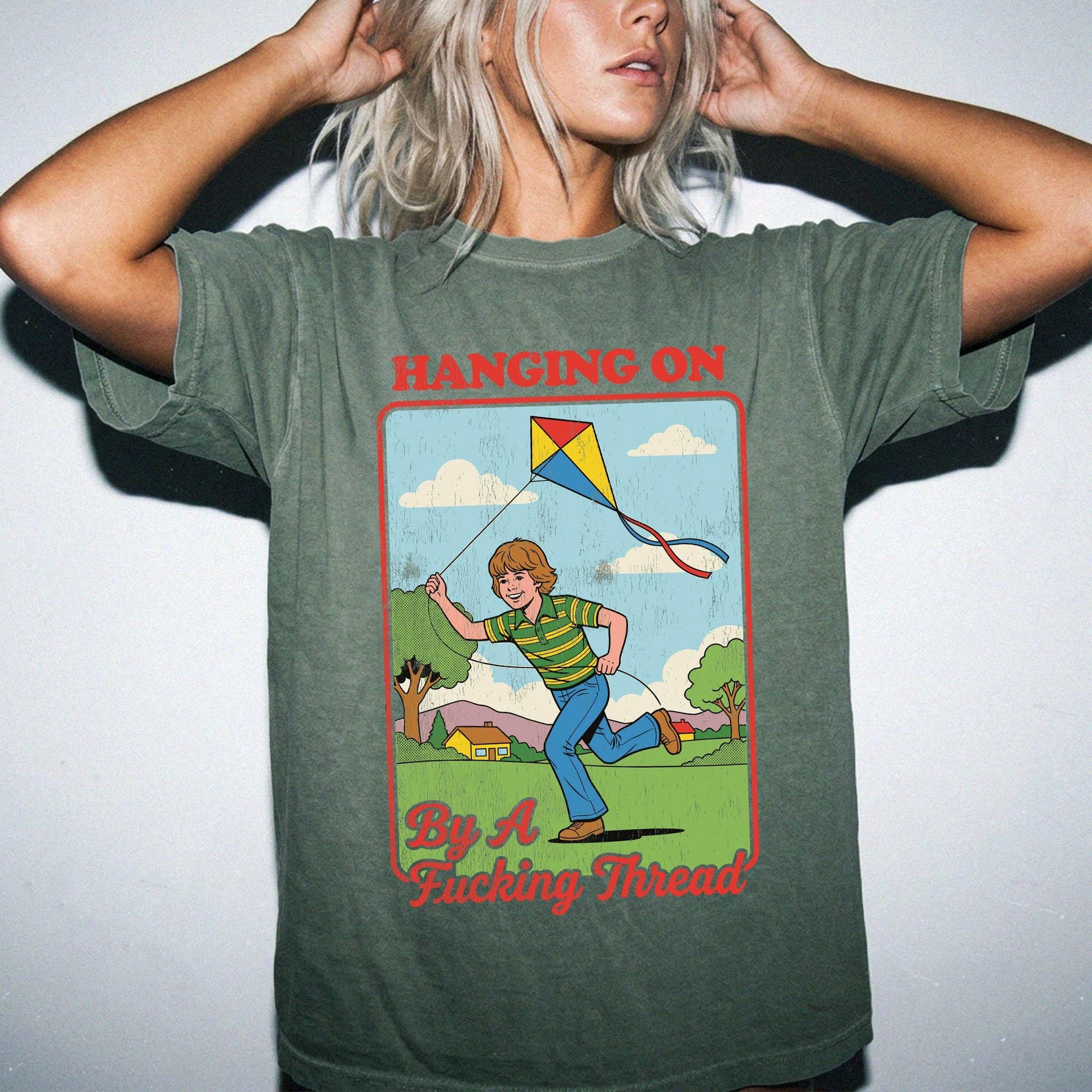 Hanging On By A Fucking Thread Comfort Colors T-Shirt, Funny Sarcastic Tee, Retro Vintage Graphic T-Shirt, Mental Health Humor Shirt,
