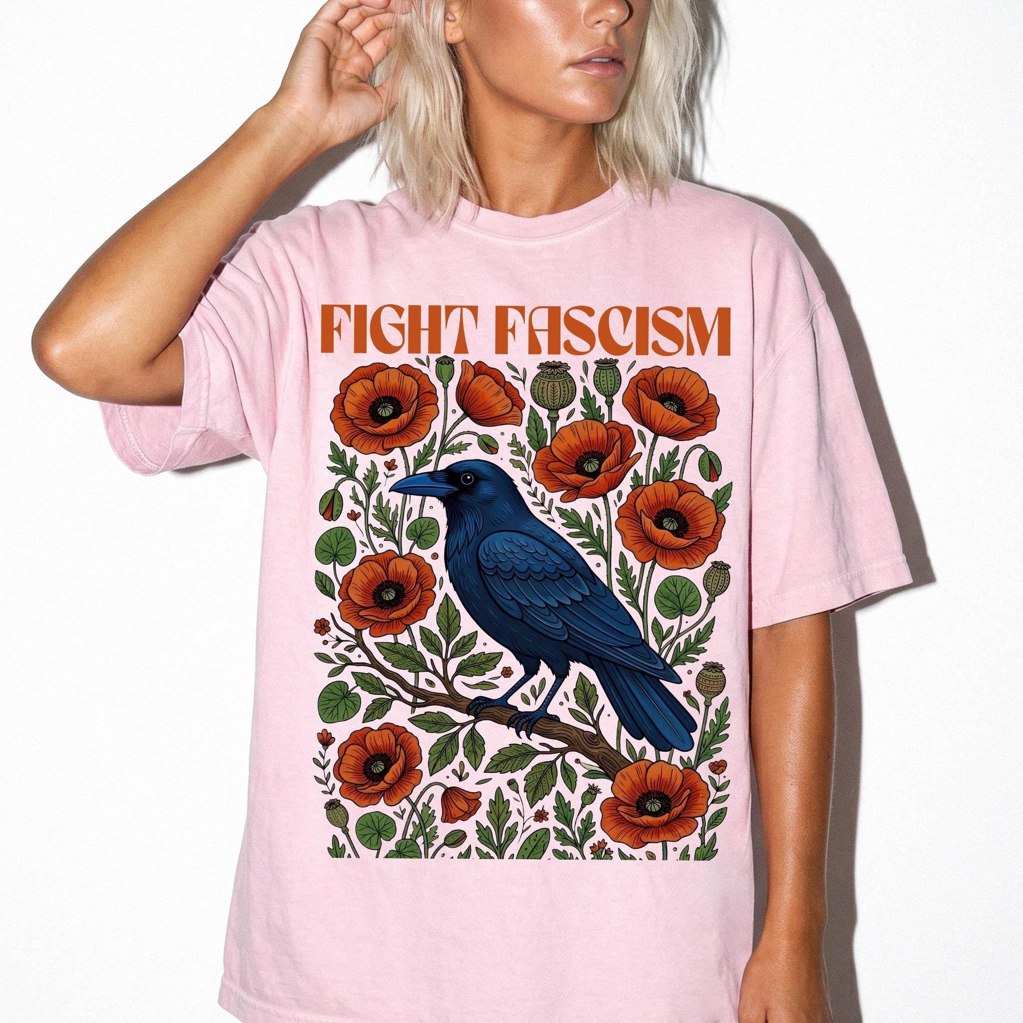Fight Fascism Comfort Colors Shirt, Raven Poppy Floral Tee, Pro Democracy T-Shirt, Political Protest Shirt, Social Justice Graphic Tee,