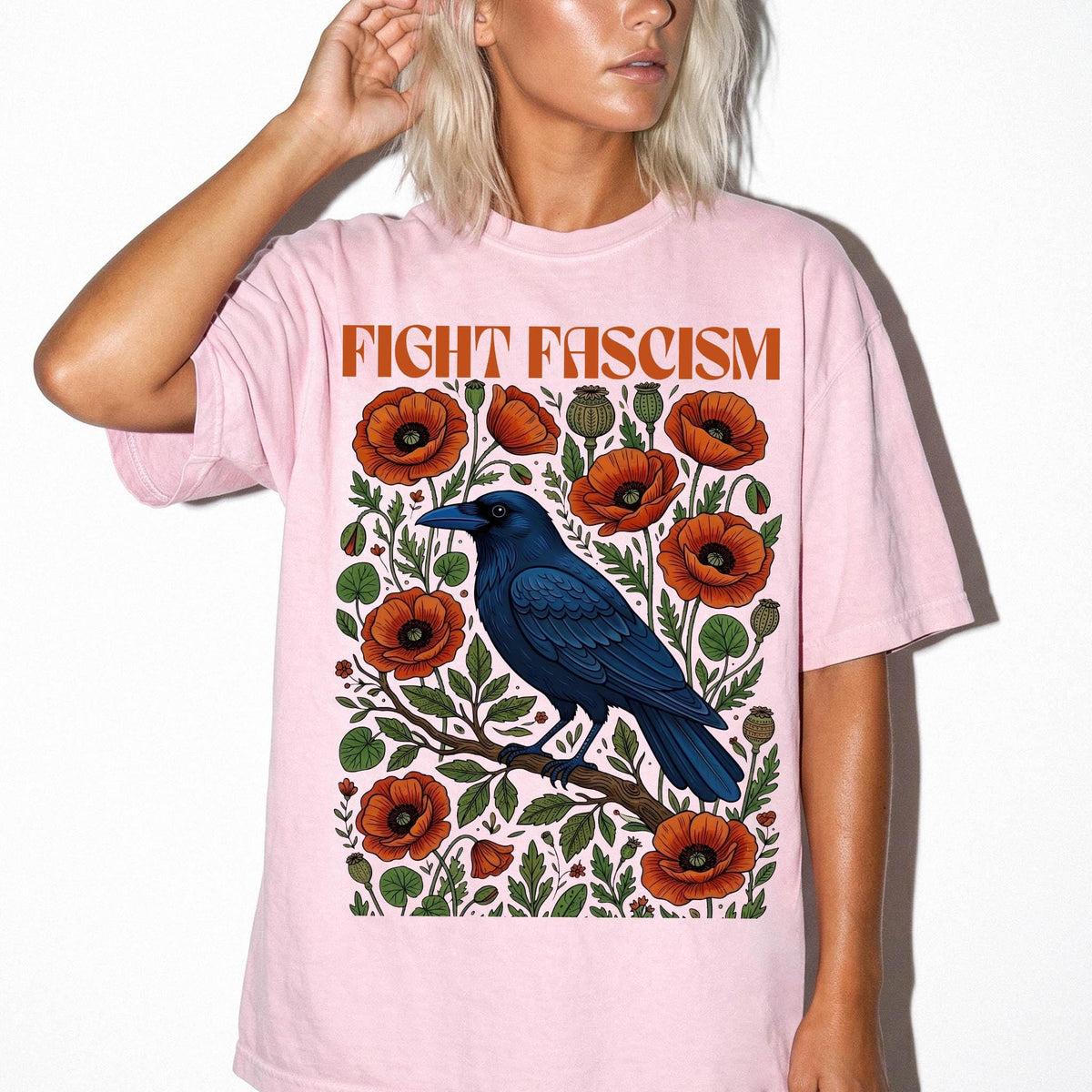 Fight Fascism Comfort Colors Shirt, Raven Poppy Floral Tee, Pro Democracy T-Shirt, Political Protest Shirt, Social Justice Graphic Tee,