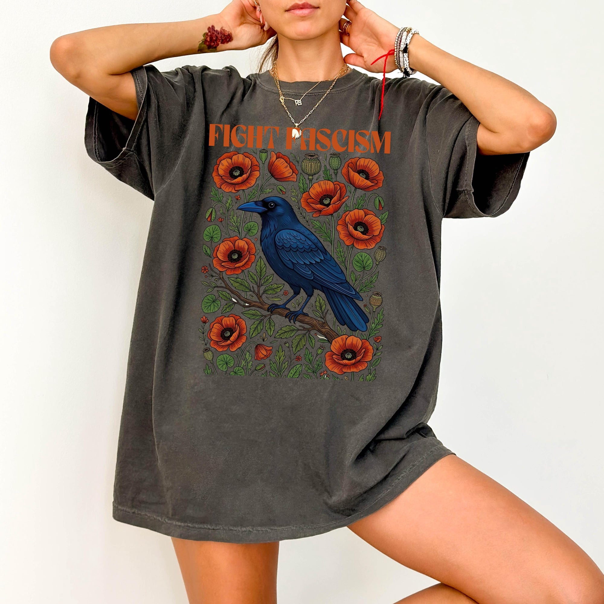 Fight Fascism Comfort Colors Shirt, Raven Poppy Floral Tee, Pro Democracy T-Shirt, Political Protest Shirt, Social Justice Graphic Tee,