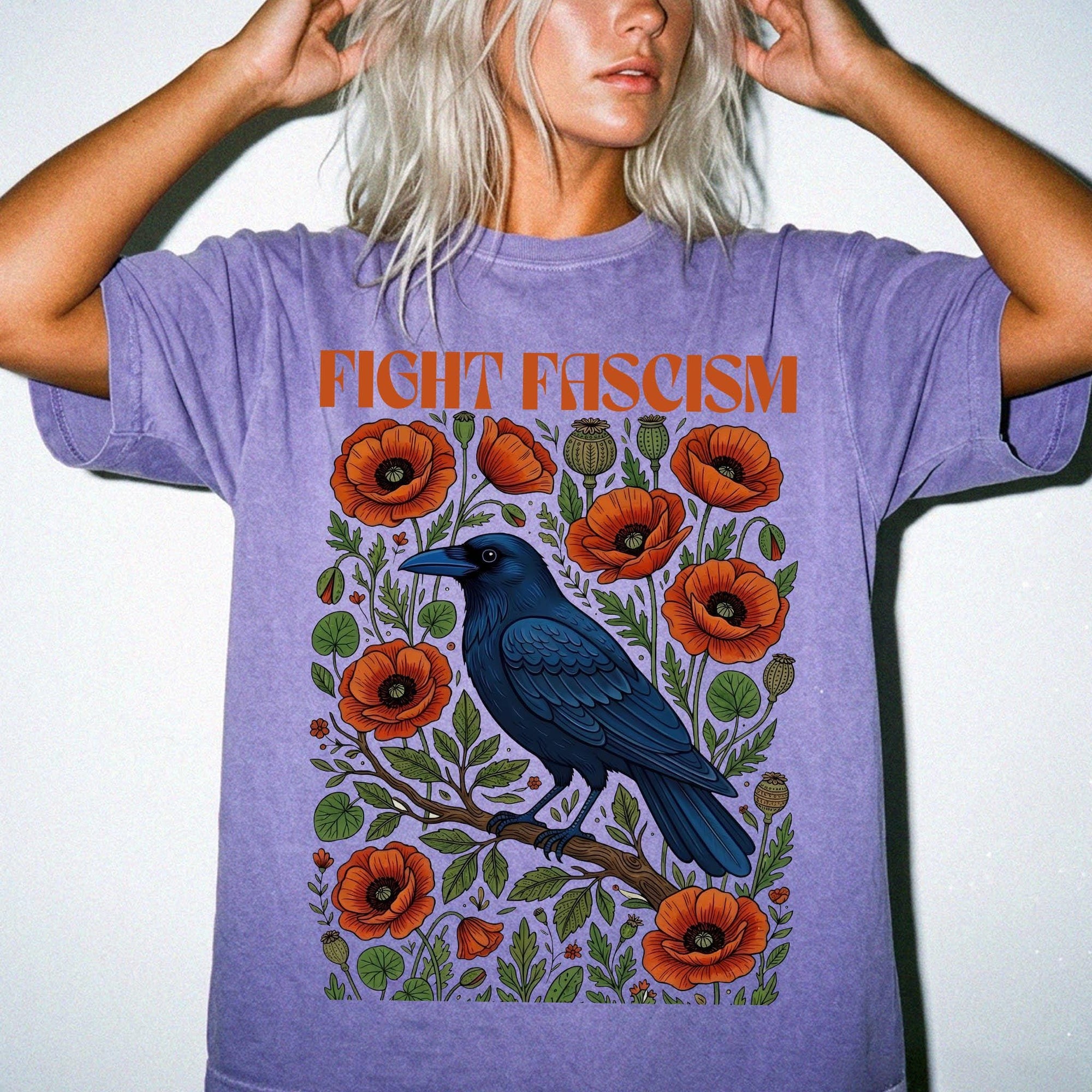Fight Fascism Comfort Colors Shirt, Raven Poppy Floral Tee, Pro Democracy T-Shirt, Political Protest Shirt, Social Justice Graphic Tee,