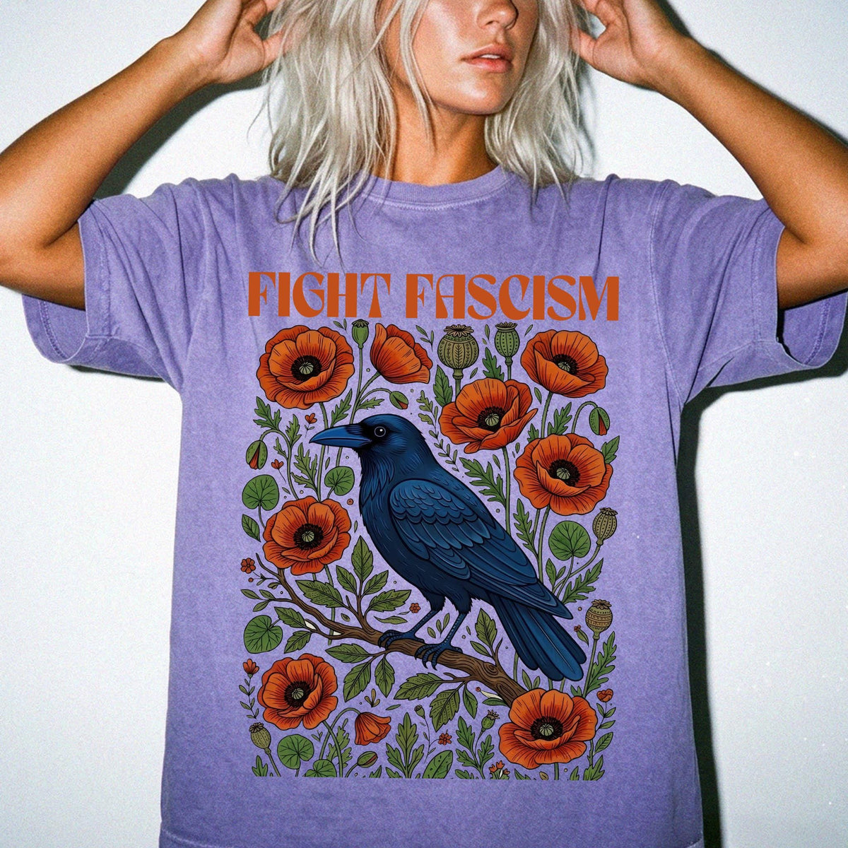Fight Fascism Comfort Colors Shirt, Raven Poppy Floral Tee, Pro Democracy T-Shirt, Political Protest Shirt, Social Justice Graphic Tee,