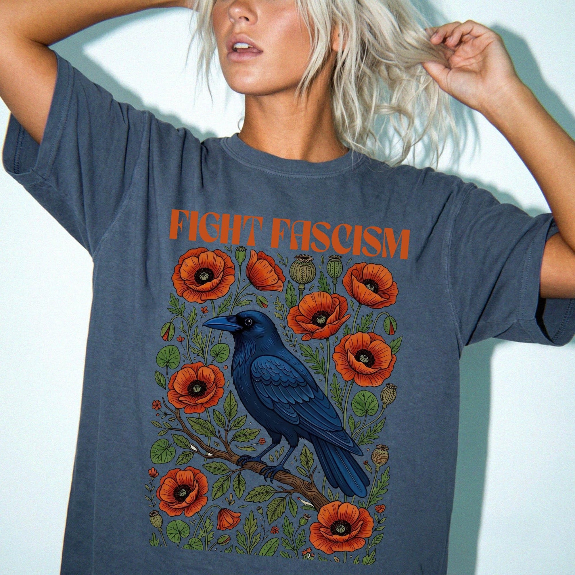Fight Fascism Comfort Colors Shirt, Raven Poppy Floral Tee, Pro Democracy T-Shirt, Political Protest Shirt, Social Justice Graphic Tee,