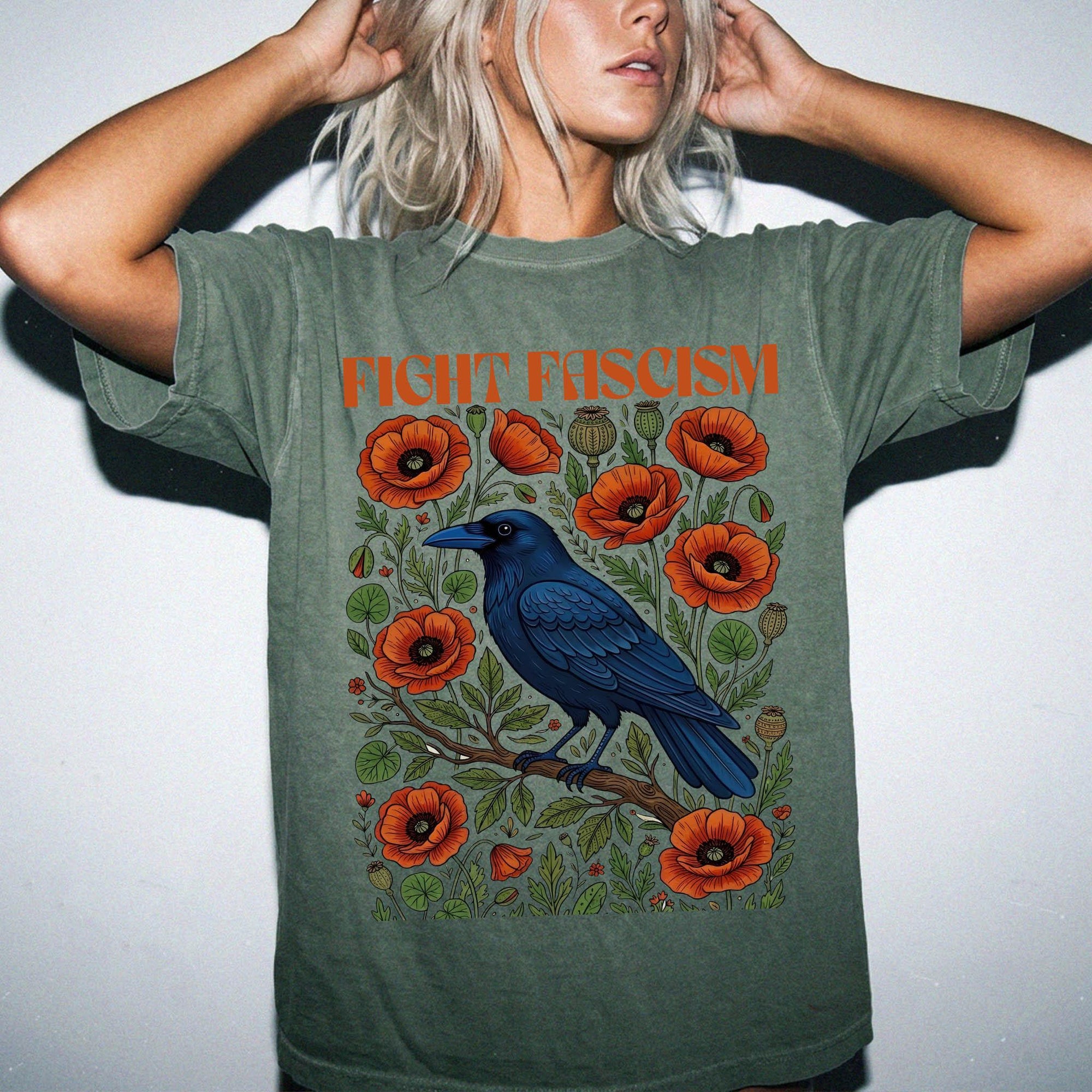Fight Fascism Comfort Colors Shirt, Raven Poppy Floral Tee, Pro Democracy T-Shirt, Political Protest Shirt, Social Justice Graphic Tee,