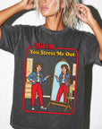 a woman wearing a gray t-shirt with a graphic design depicting a woman looking into a mirror and pointing at herself.