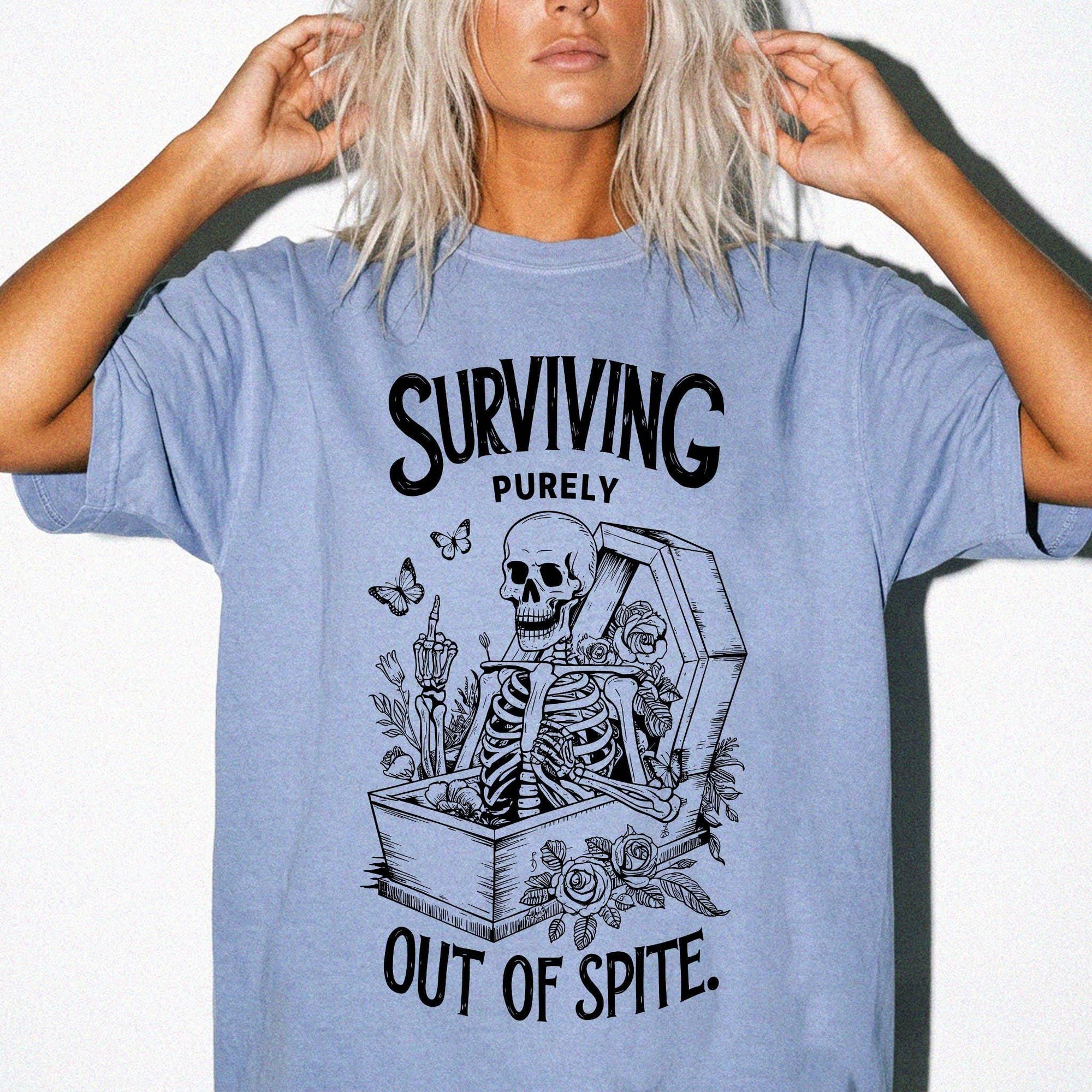 Surviving Purely Out Of Spite Comfort Colors Shirt, Funny Skeleton Coffin Tee, Sarcastic Dark Humor T-Shirt, Gothic Floral Skeleton Shirt,