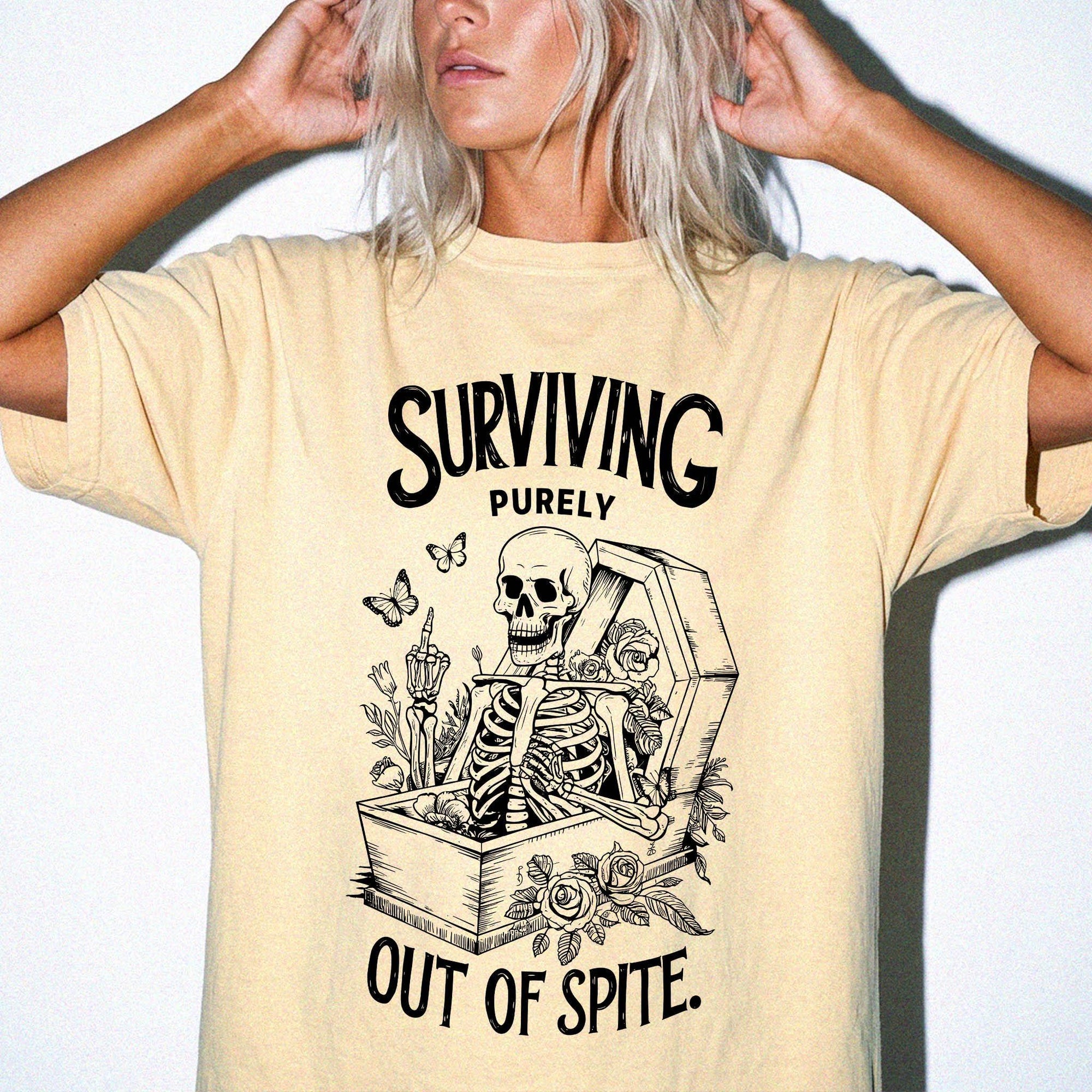 Surviving Purely Out Of Spite Comfort Colors Shirt, Funny Skeleton Coffin Tee, Sarcastic Dark Humor T-Shirt, Gothic Floral Skeleton Shirt,