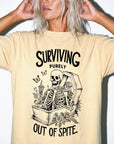 Surviving Purely Out Of Spite Comfort Colors Shirt, Funny Skeleton Coffin Tee, Sarcastic Dark Humor T-Shirt, Gothic Floral Skeleton Shirt,