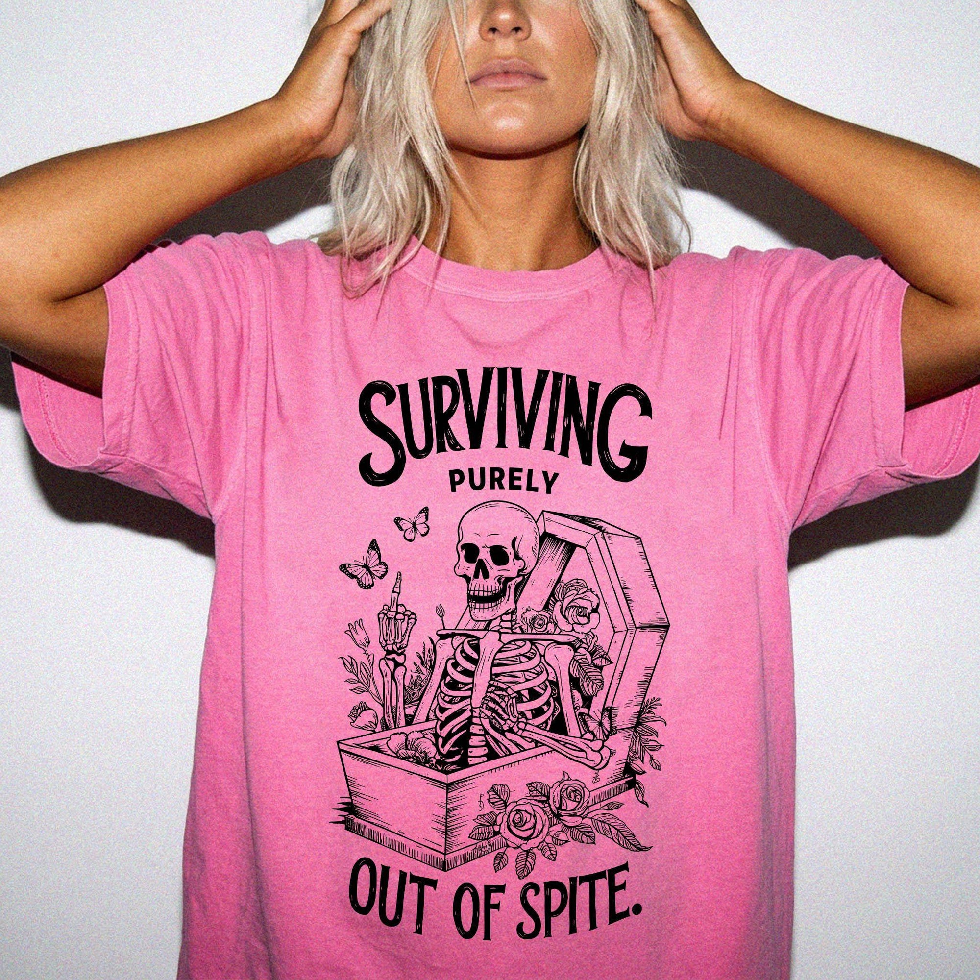 Surviving Purely Out Of Spite Comfort Colors Shirt, Funny Skeleton Coffin Tee, Sarcastic Dark Humor T-Shirt, Gothic Floral Skeleton Shirt,