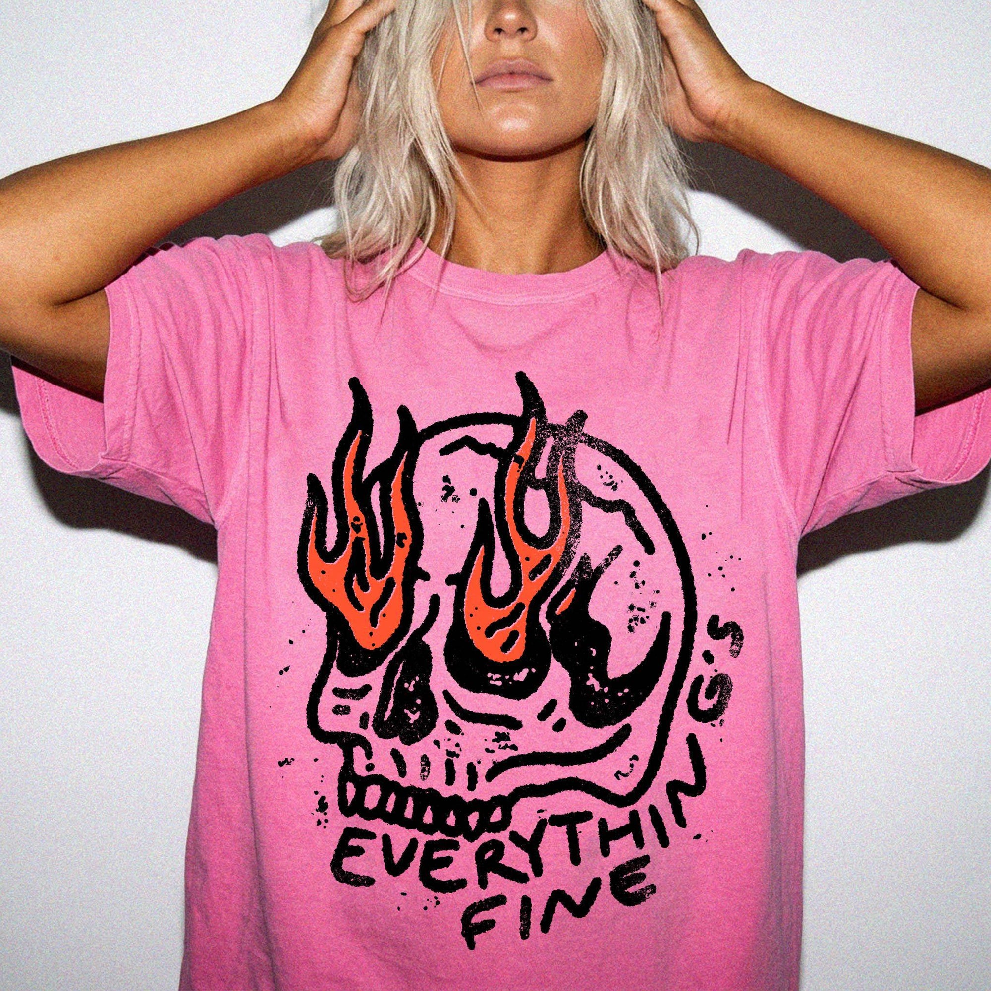Everything Is Fine Comfort Colors Graphic Tee Shirt, Flaming Skull Graphic Tee, Dark Humor Sarcastic T-Shirt, Grunge Skull Shirt,