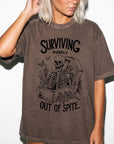 Surviving Purely Out Of Spite Comfort Colors Shirt, Funny Skeleton Coffin Tee, Sarcastic Dark Humor T-Shirt, Gothic Floral Skeleton Shirt,