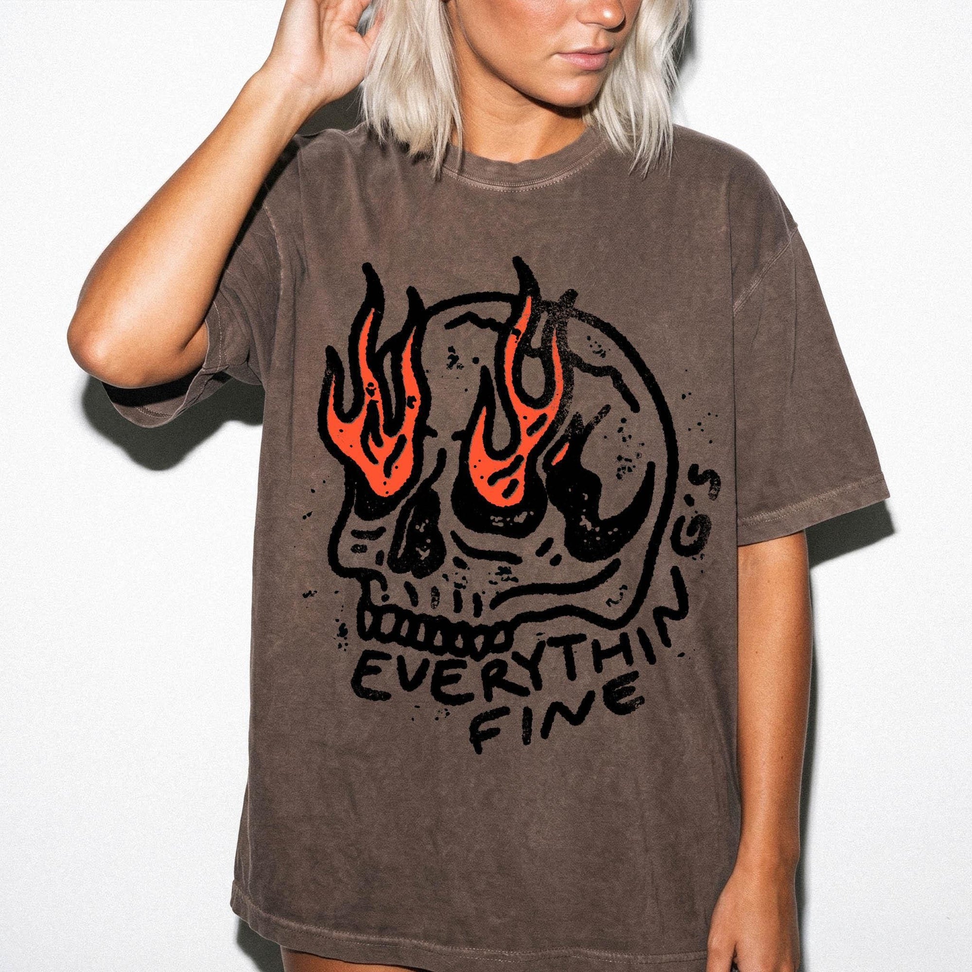 Everything Is Fine Comfort Colors Graphic Tee Shirt, Flaming Skull Graphic Tee, Dark Humor Sarcastic T-Shirt, Grunge Skull Shirt,