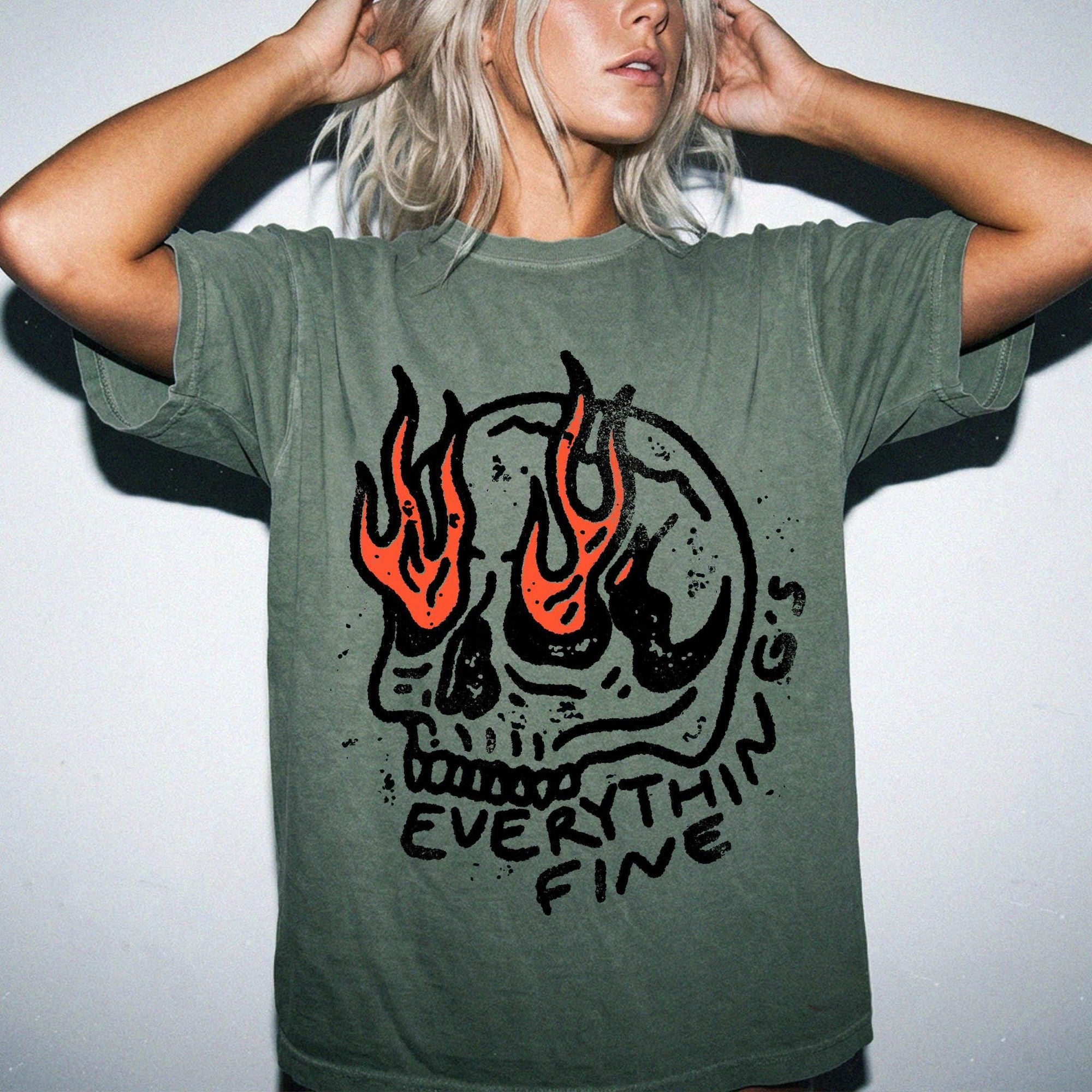 Everything Is Fine Comfort Colors Graphic Tee Shirt, Flaming Skull Graphic Tee, Dark Humor Sarcastic T-Shirt, Grunge Skull Shirt,