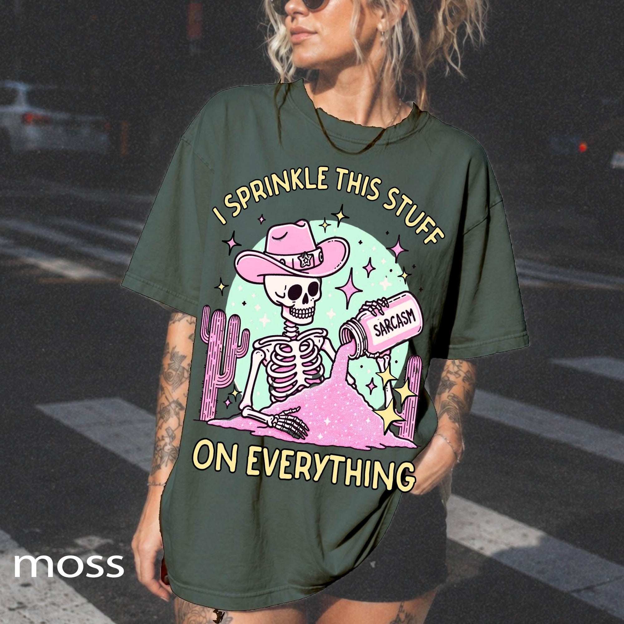 Sarcasm Skeleton Comfort Colors Graphic Tee, I Sprinkle This Stuff On Everything Shirt, Funny Cowgirl Skeleton Tee, Sarcastic Western Gift