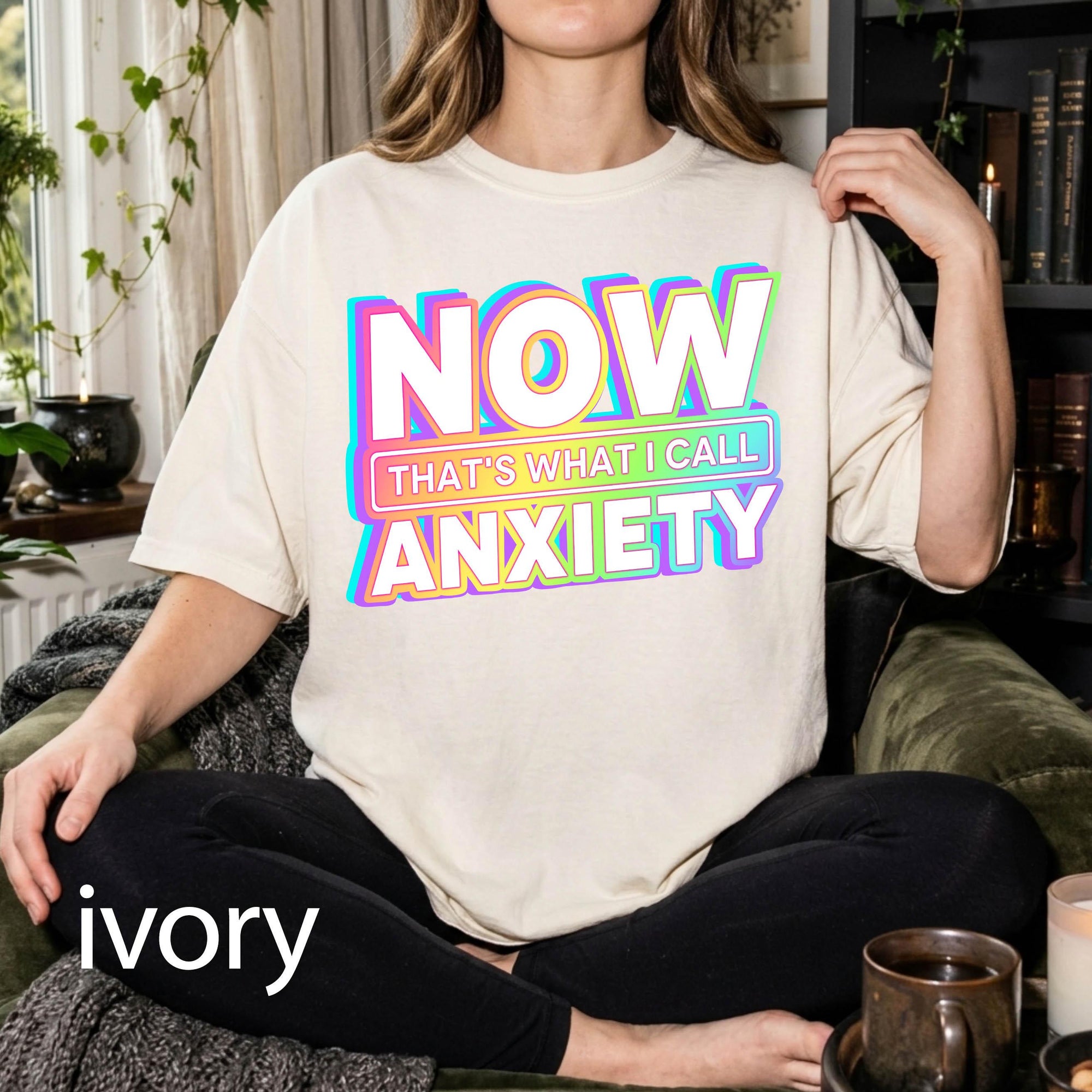 Now That's What I Call Anxiety Comfort Colors Graphic Tee, Funny Retro Shirt, Sarcastic Mental Health Tee, Y2K Holographic Print Shirt