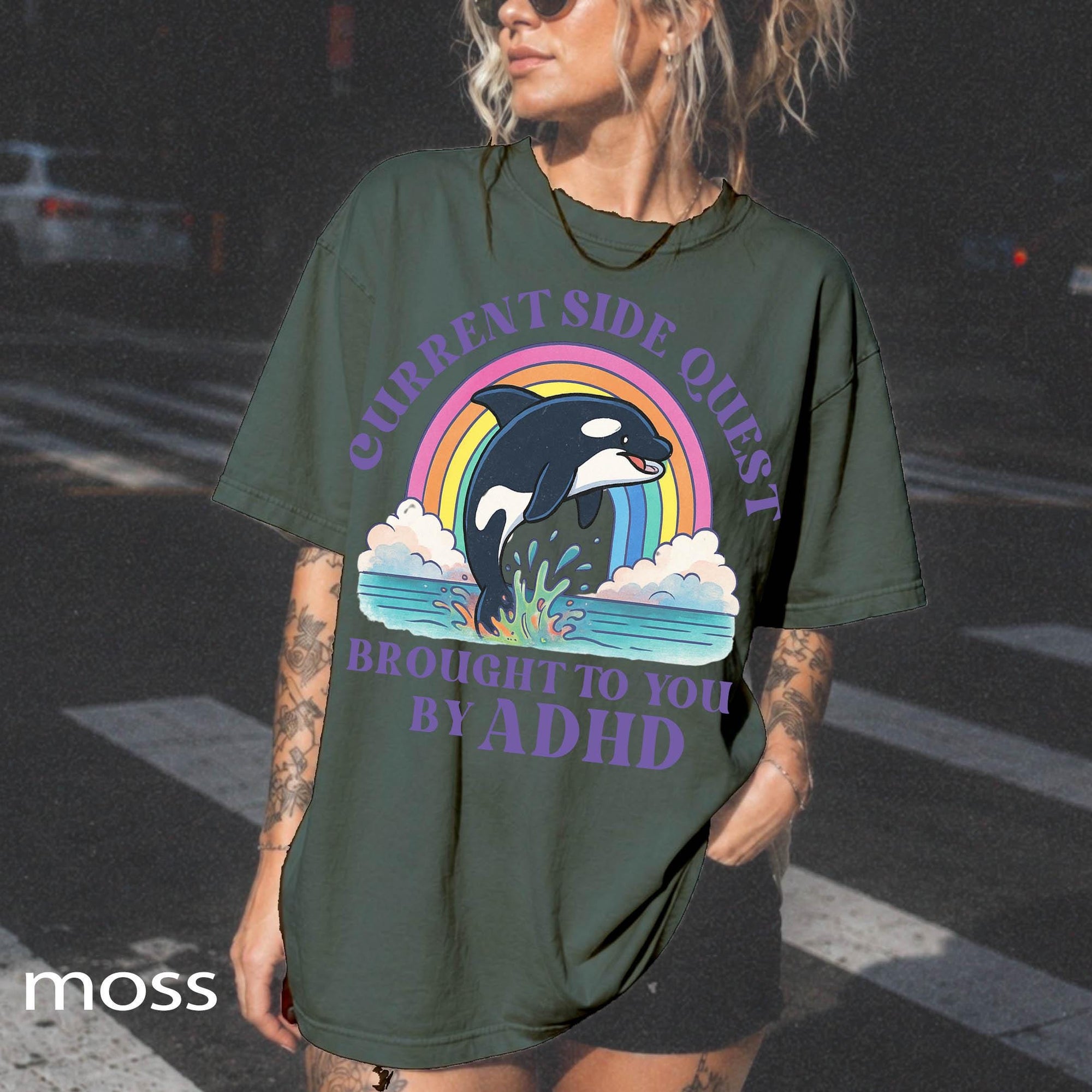 Funny ADHD Orca Comfort Colors Graphic Tee, Current Side Quest Shirt, Rainbow Whale Shirt, ADHD Awareness Tee, Neurodivergent Gift