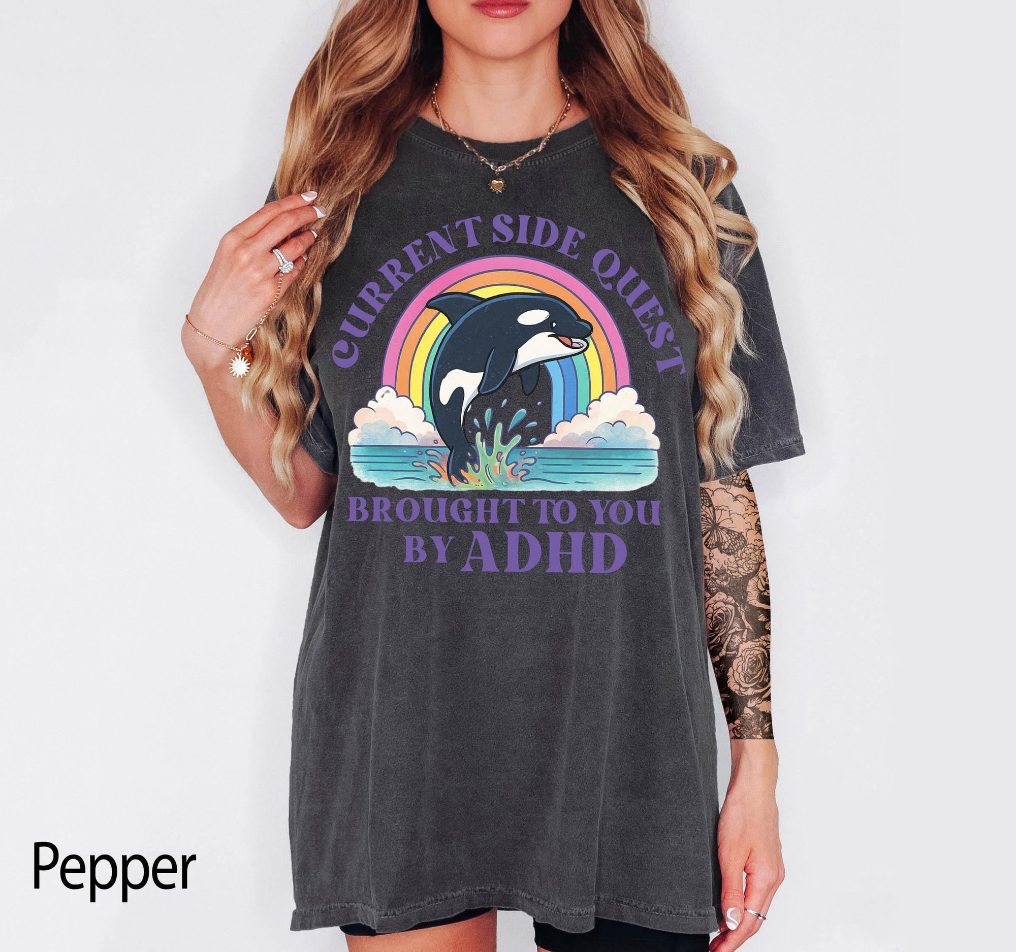 Funny ADHD Orca Comfort Colors Graphic Tee, Current Side Quest Shirt, Rainbow Whale Shirt, ADHD Awareness Tee, Neurodivergent Gift