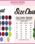 The image is a color chart and size chart for a GILDA 18000 heavy blend crewneck sweatshirt. The color chart displays various color options, while the size chart provides measurements for each color.