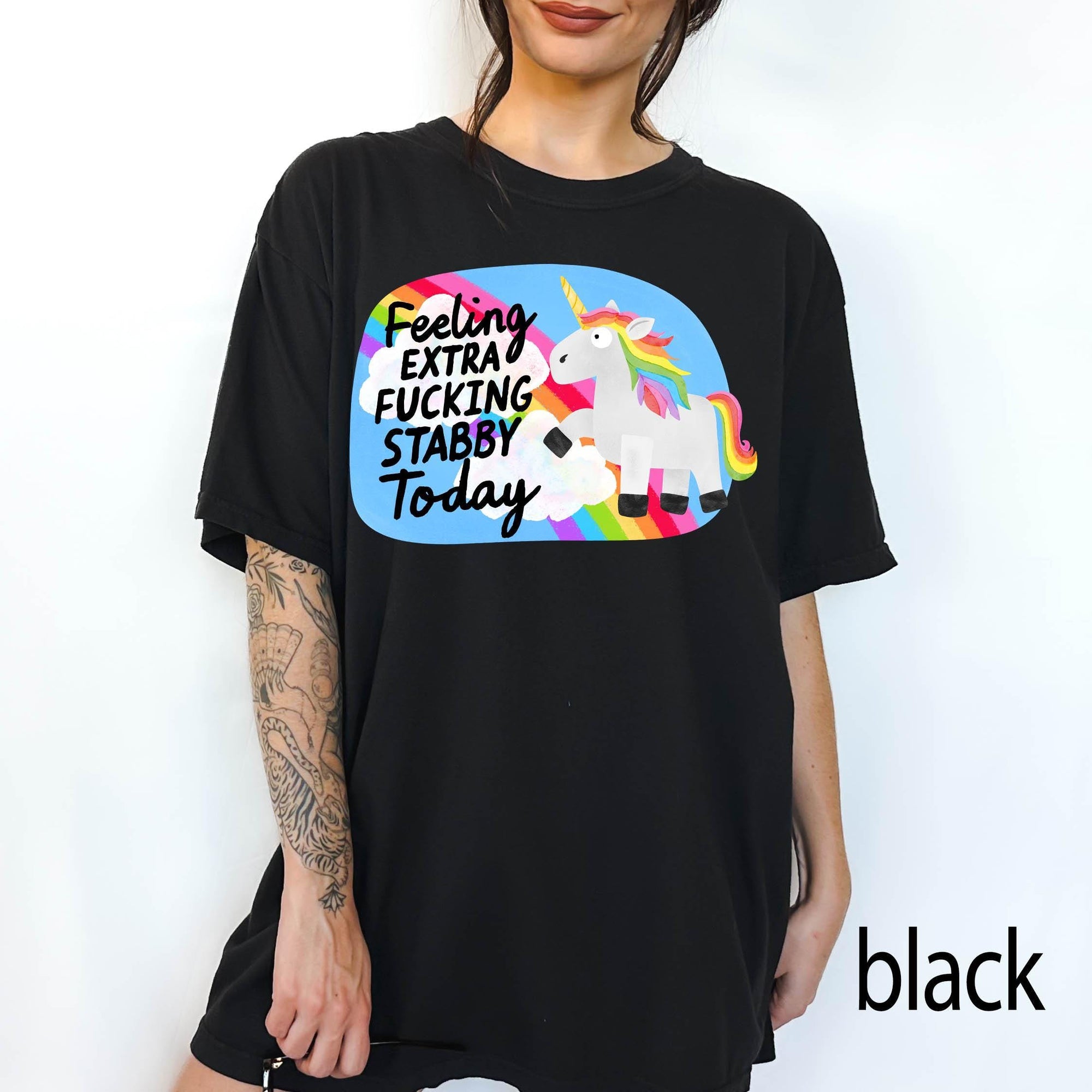 Feeling Extra Fucking Stabby Today Comfort Colors Graphic Tee, Funny Unicorn Shirt, Sarcastic Rainbow Tee, Adult Humor Gift Shirt