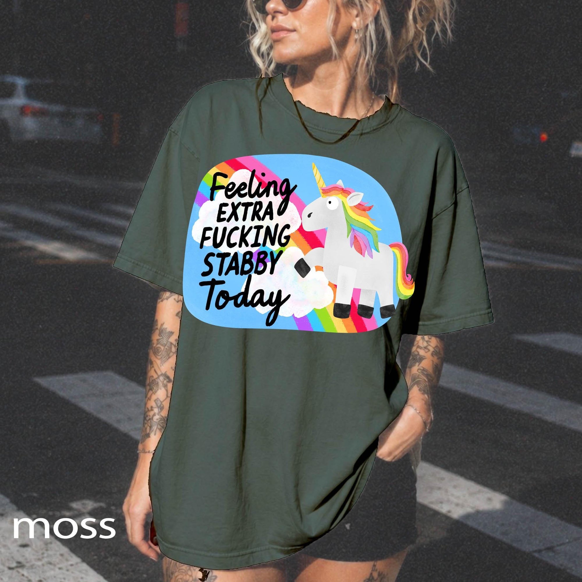 Feeling Extra Fucking Stabby Today Comfort Colors Graphic Tee, Funny Unicorn Shirt, Sarcastic Rainbow Tee, Adult Humor Gift Shirt