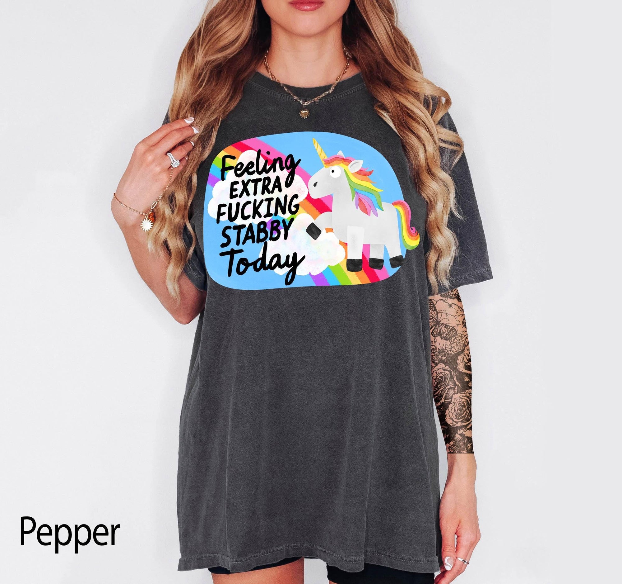 Feeling Extra Fucking Stabby Today Comfort Colors Graphic Tee, Funny Unicorn Shirt, Sarcastic Rainbow Tee, Adult Humor Gift Shirt