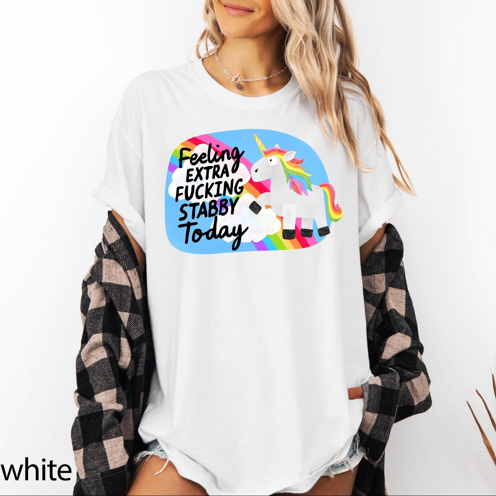 Feeling Extra Fucking Stabby Today Comfort Colors Graphic Tee, Funny Unicorn Shirt, Sarcastic Rainbow Tee, Adult Humor Gift Shirt