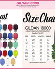 The image is a color chart and size chart for a GILDA 18000 heavy blend crewneck sweatshirt. The color chart displays various color options, while the size chart provides measurements for each color.
