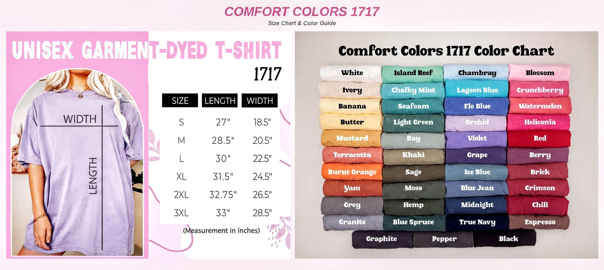 The image is a color chart for a &amp;quot;Unisex Garment-Dyed T-shirt&amp;quot; with various color options and corresponding measurements.