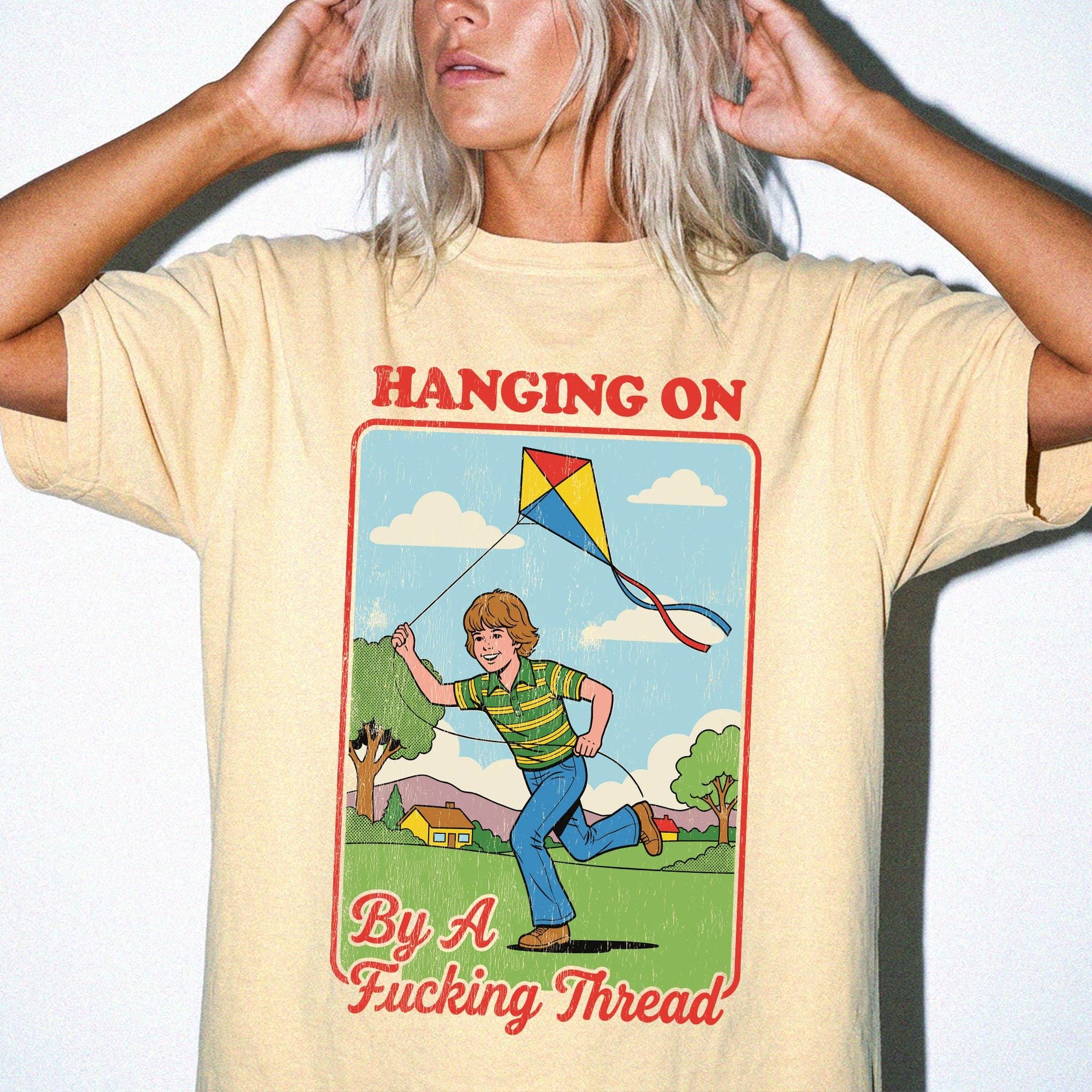 Hanging On By A Fucking Thread Comfort Colors T-Shirt, Funny Sarcastic Tee, Retro Vintage Graphic T-Shirt, Mental Health Humor Shirt,