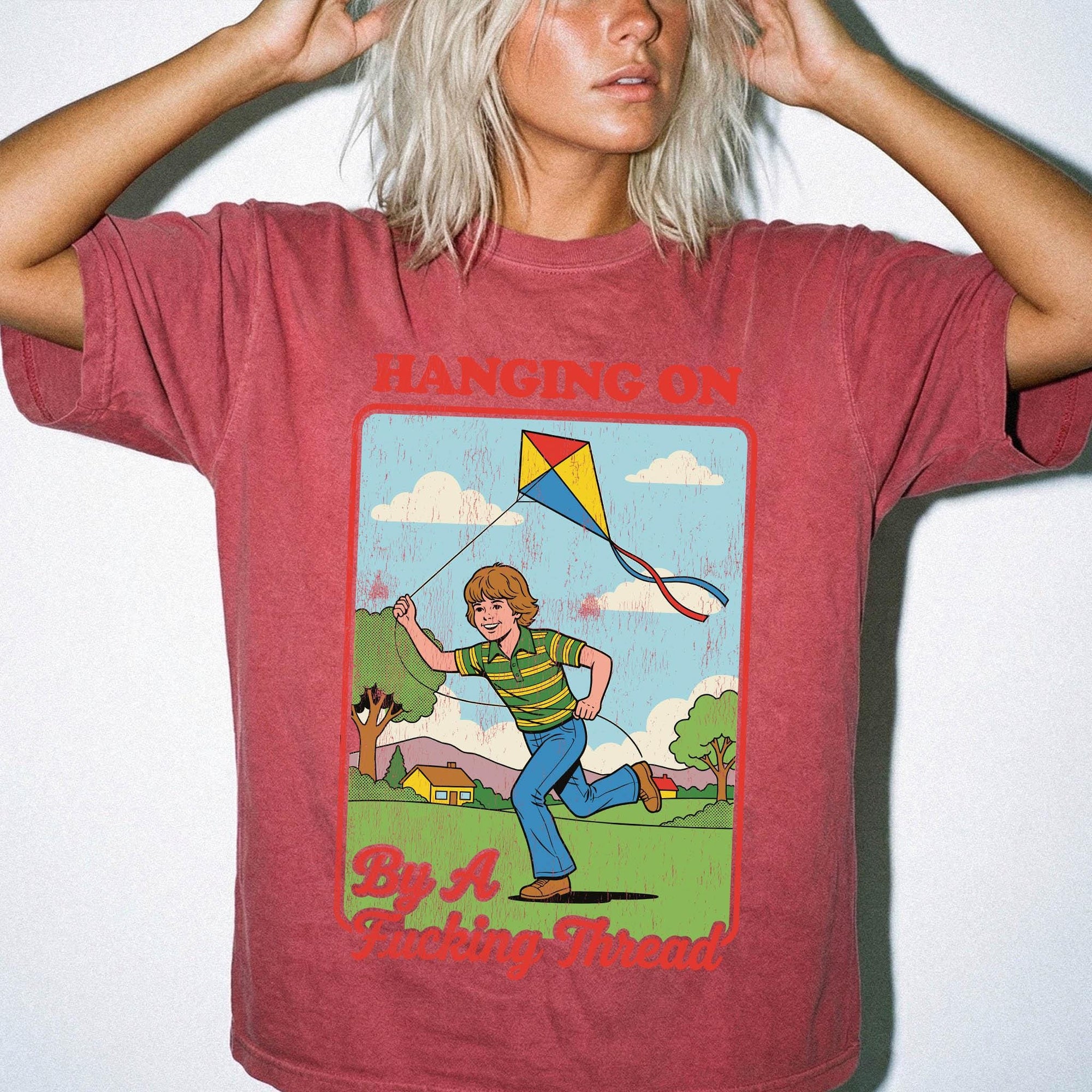 Hanging On By A Fucking Thread Comfort Colors T-Shirt, Funny Sarcastic Tee, Retro Vintage Graphic T-Shirt, Mental Health Humor Shirt,