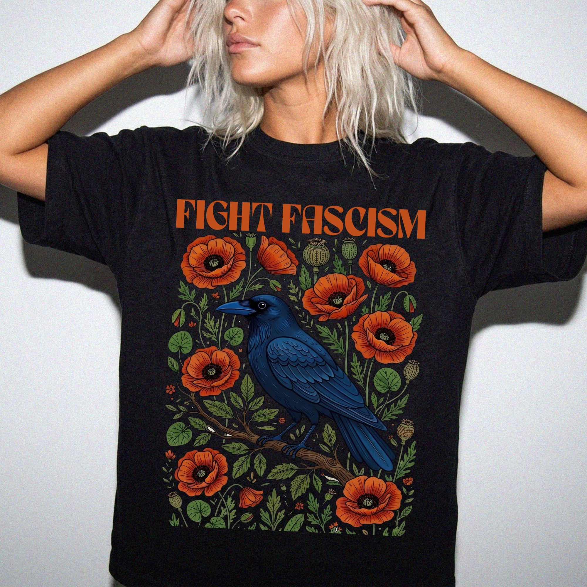 Fight Fascism Comfort Colors Shirt, Raven Poppy Floral Tee, Pro Democracy T-Shirt, Political Protest Shirt, Social Justice Graphic Tee,