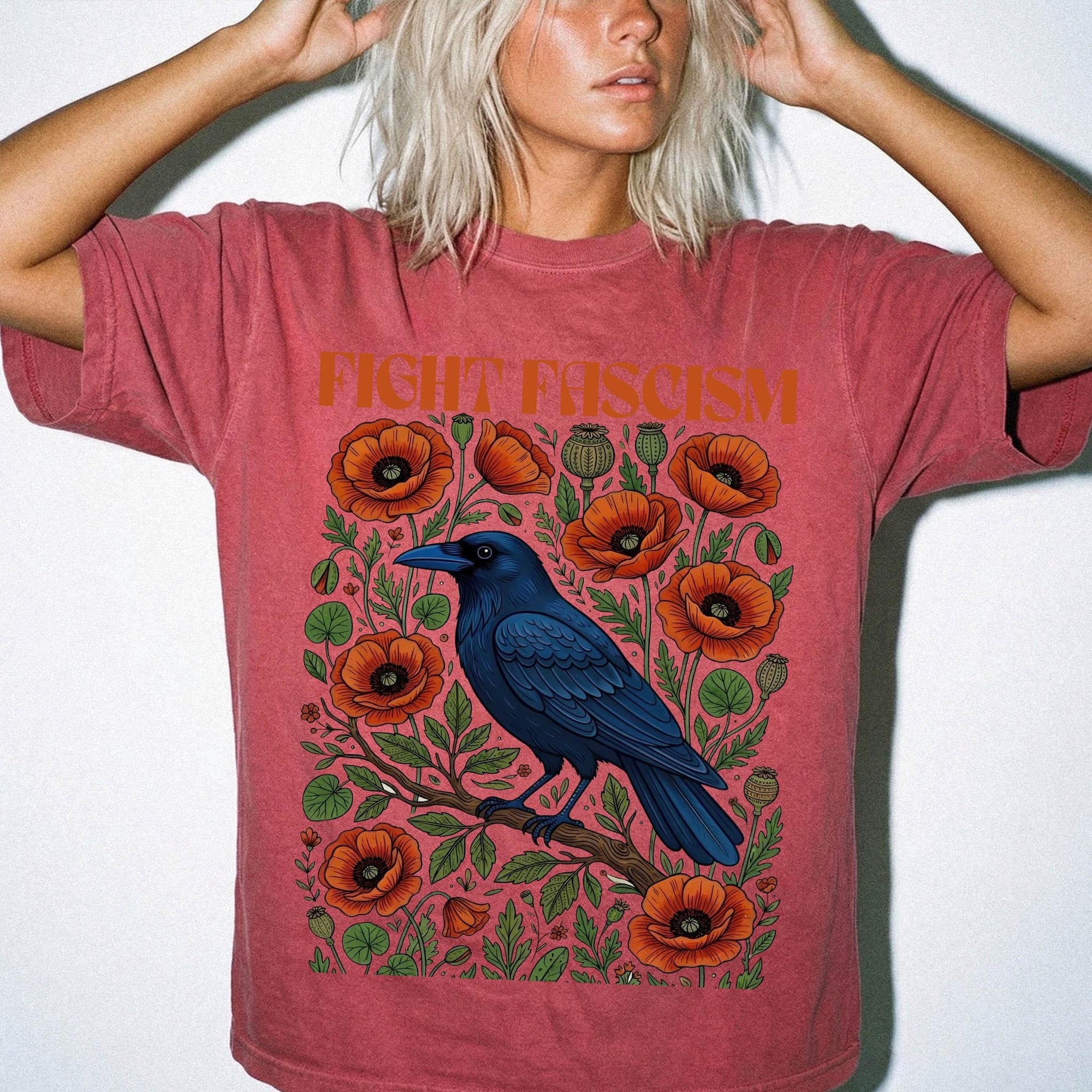 Fight Fascism Comfort Colors Shirt, Raven Poppy Floral Tee, Pro Democracy T-Shirt, Political Protest Shirt, Social Justice Graphic Tee,