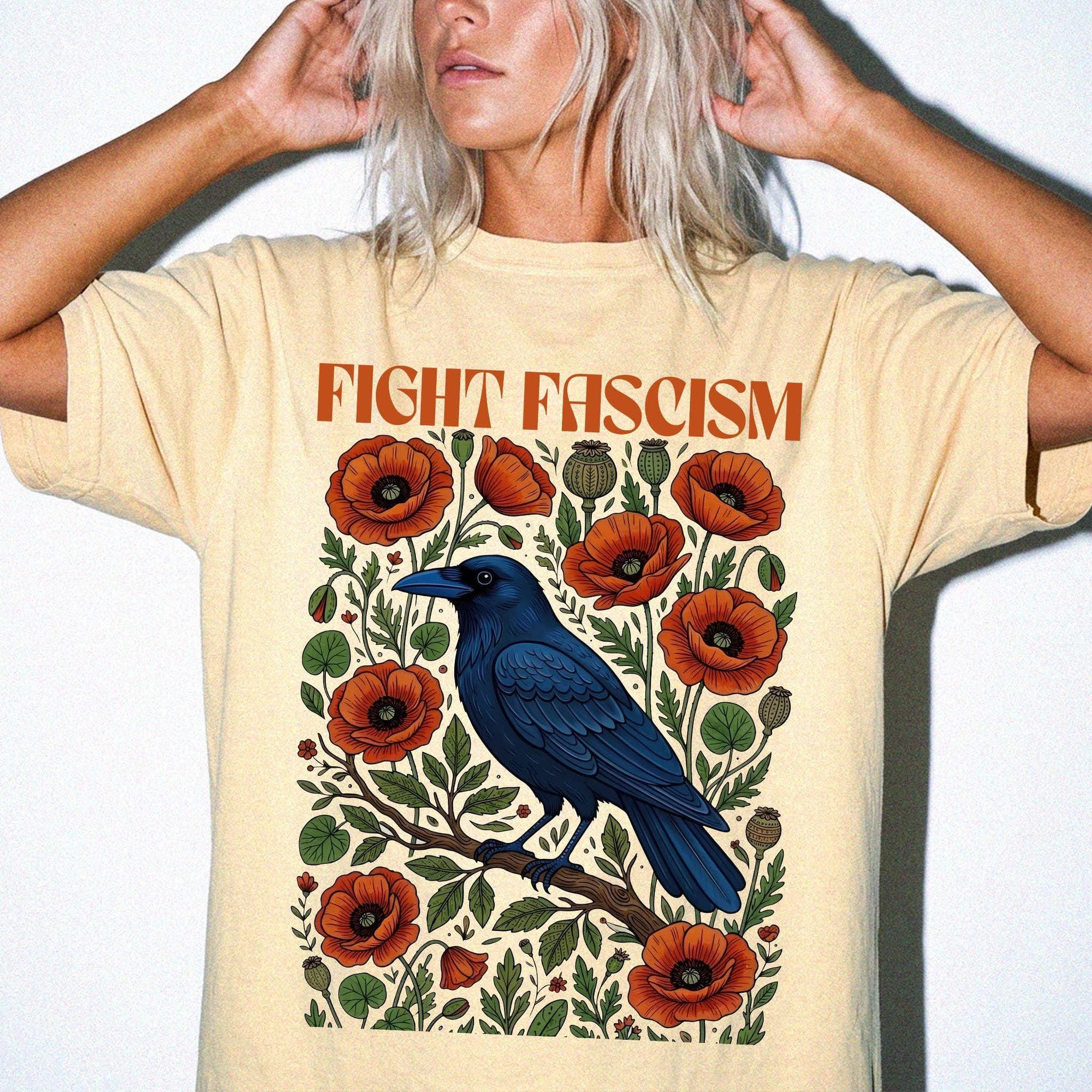 Fight Fascism Comfort Colors Shirt, Raven Poppy Floral Tee, Pro Democracy T-Shirt, Political Protest Shirt, Social Justice Graphic Tee,