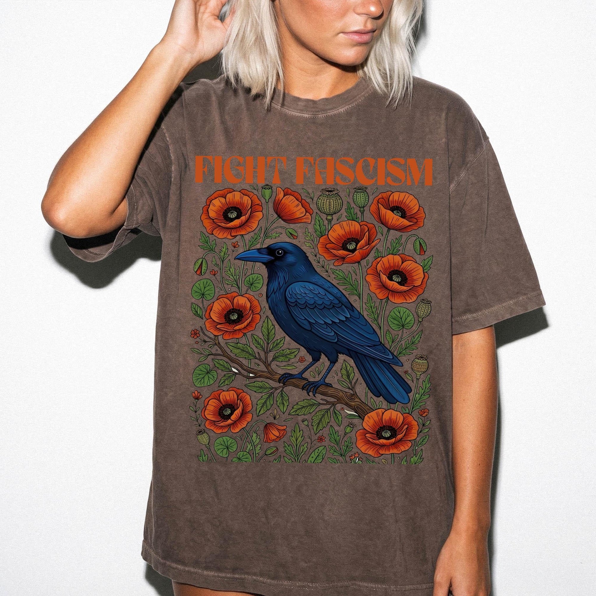 Fight Fascism Comfort Colors Shirt, Raven Poppy Floral Tee, Pro Democracy T-Shirt, Political Protest Shirt, Social Justice Graphic Tee,