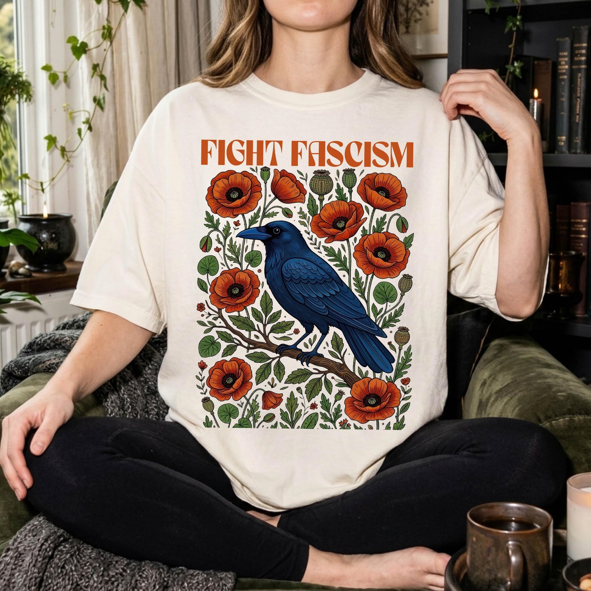 Fight Fascism Comfort Colors Shirt, Raven Poppy Floral Tee, Pro Democracy T-Shirt, Political Protest Shirt, Social Justice Graphic Tee,