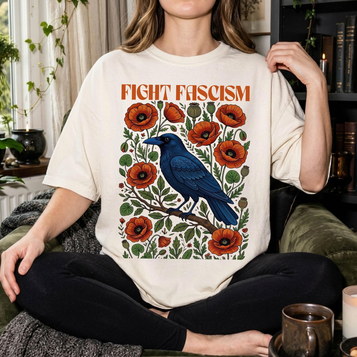 Fight Fascism Comfort Colors Shirt, Raven Poppy Floral Tee, Pro Democracy T-Shirt, Political Protest Shirt, Social Justice Graphic Tee,