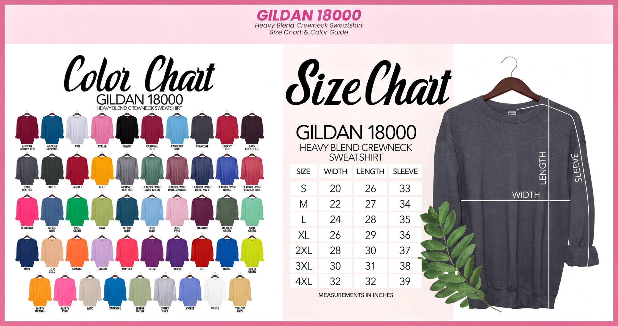 The image is a promotional graphic for GILDA 18000, a heavy blend crew neck sweater. It features a color chart with various sizes and a size chart for the sweater. The color chart displays a range of colors, including red, blue, green, and others, while the size chart provides measurements for the sweater in inches.