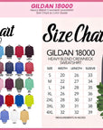 The image is a promotional graphic for GILDA 18000, a heavy blend crew neck sweater. It features a color chart with various sizes and a size chart for the sweater. The color chart displays a range of colors, including red, blue, green, and others, while the size chart provides measurements for the sweater in inches.