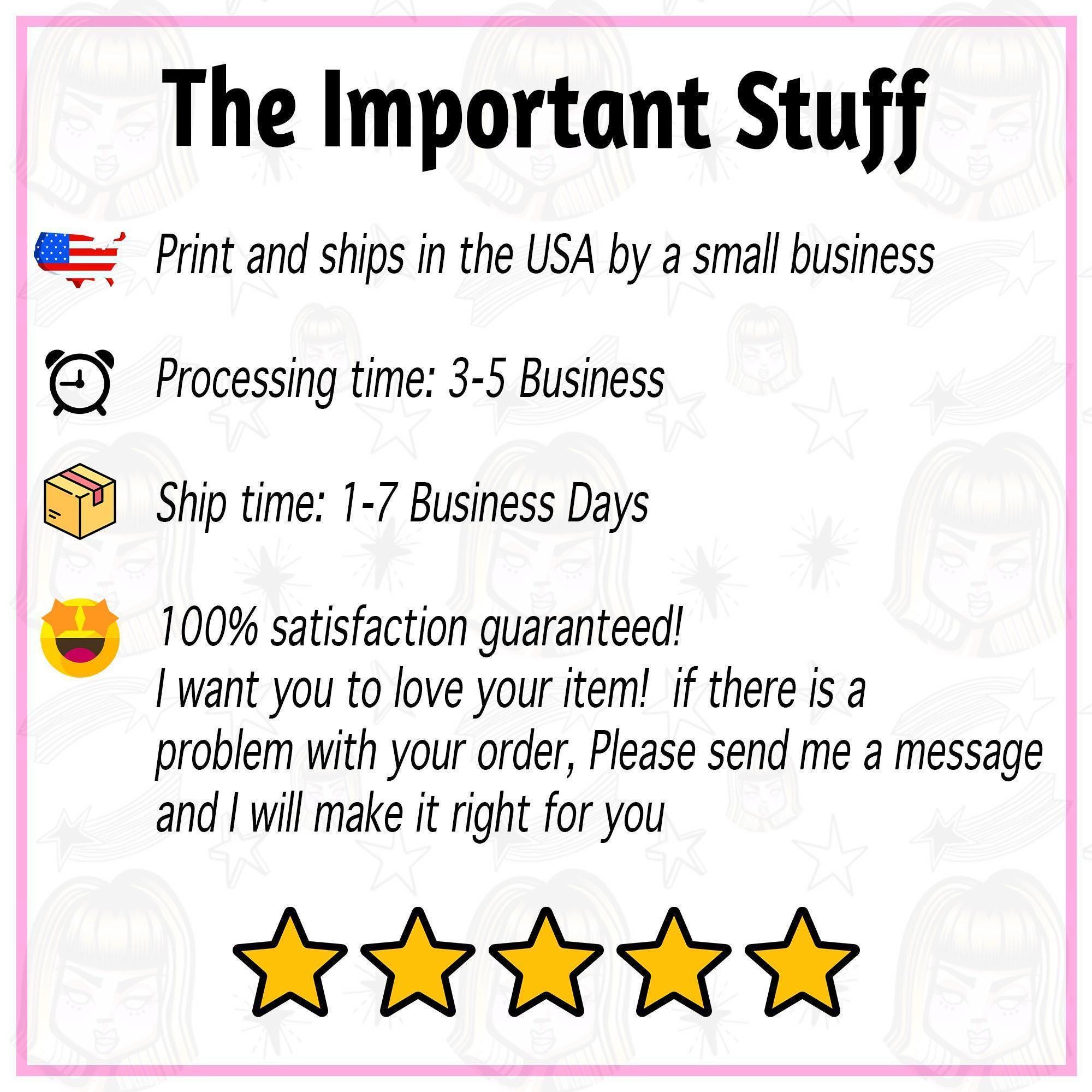 The image is a promotional graphic for a small business that prints and ships items in the USA. It features icons representing print and shipping services, processing time, ship time, and a 100% satisfaction guarantee. The text encourages customers to send a message if there is a problem with their order, and the business will make it right for them.
