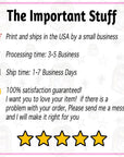 The image is a promotional graphic for a small business that prints and ships items in the USA. It features icons representing print and shipping services, processing time, ship time, and a 100% satisfaction guarantee. The text encourages customers to send a message if there is a problem with their order, and the business will make it right for them.