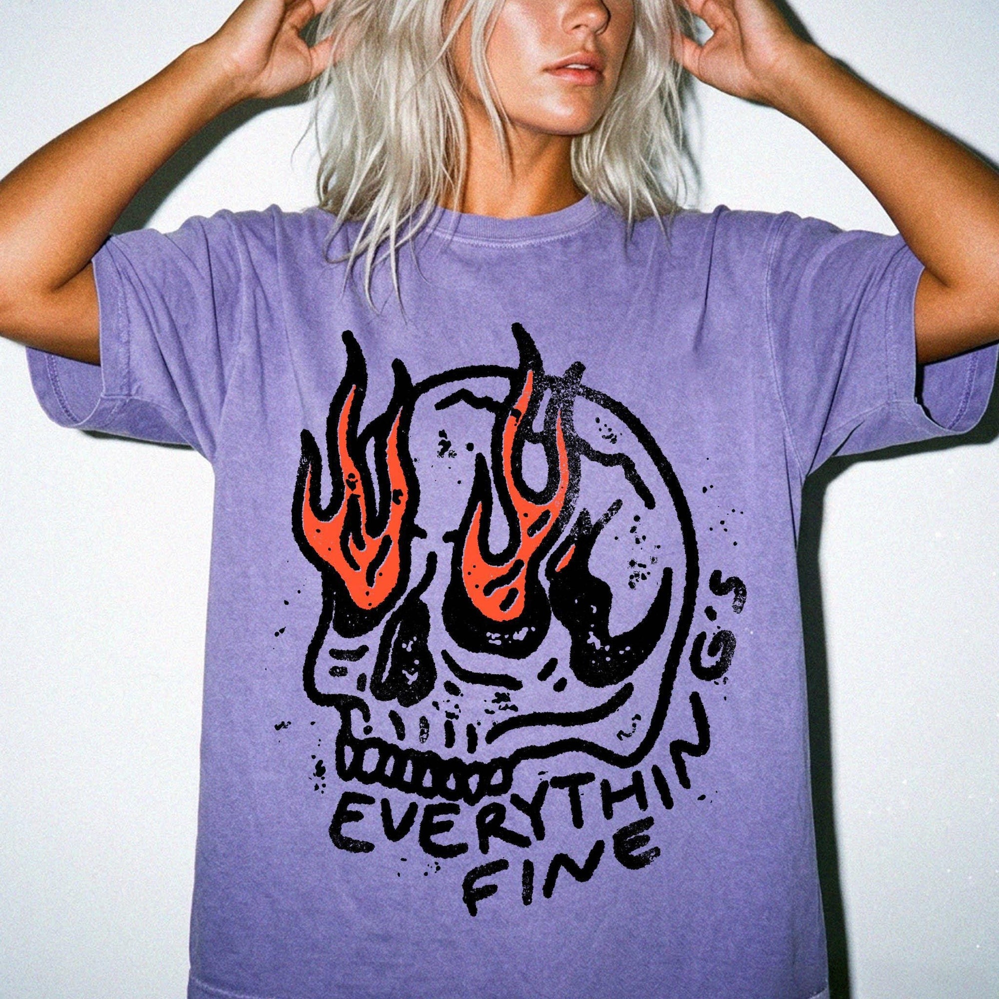 Everything Is Fine Comfort Colors Graphic Tee Shirt, Flaming Skull Graphic Tee, Dark Humor Sarcastic T-Shirt, Grunge Skull Shirt,